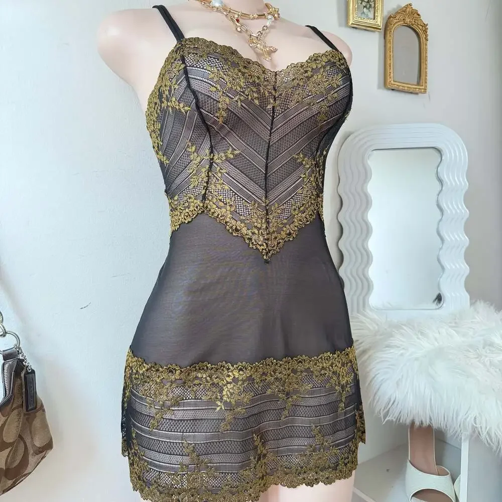 Y2K Black and Gold Lace Chemise Lingerie Dress